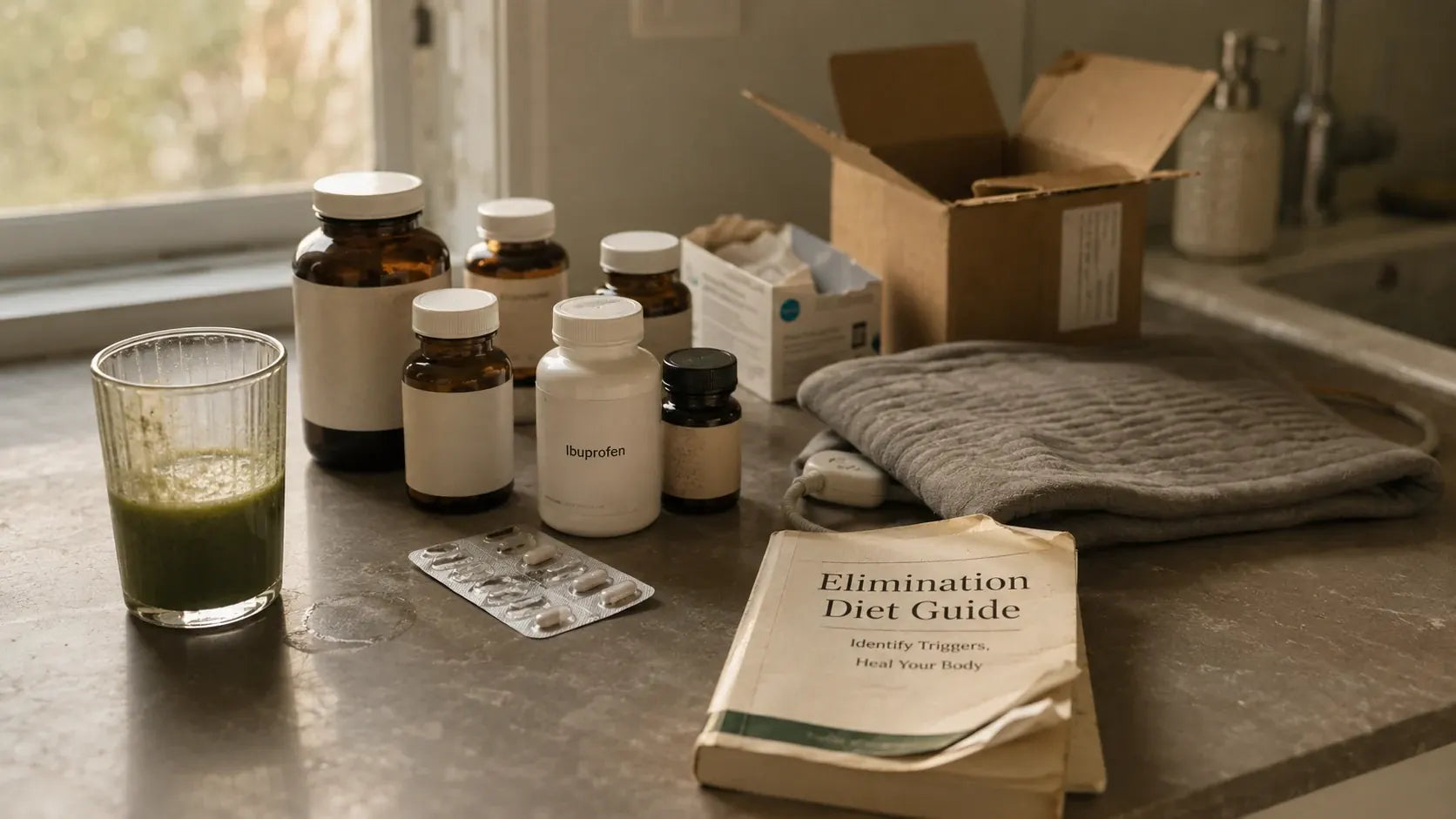 A counter covered with everything she already tried — pills, heating pad, elimination diet guide
