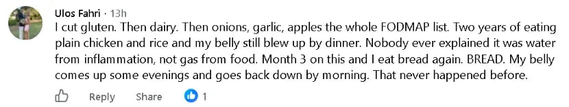 Facebook comment about FODMAP diet and endo belly