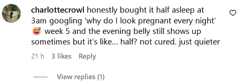 Instagram comment about the evening belly still showing sometimes