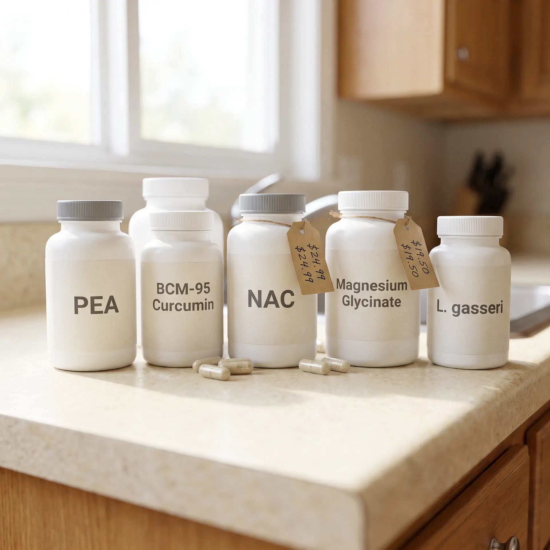 Five separate supplement bottles bought one by one