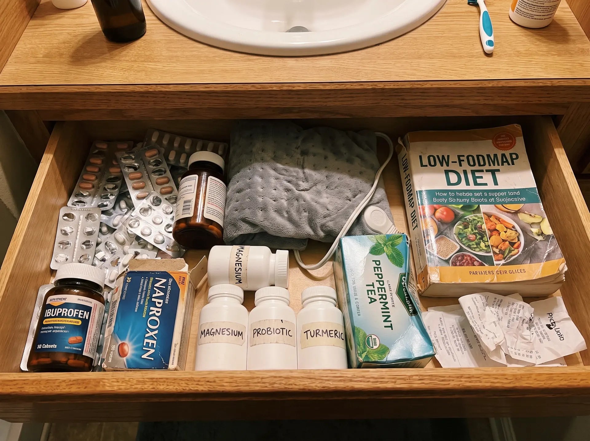 The drawer of everything she already tried — pills, supplements, heating pad, diets