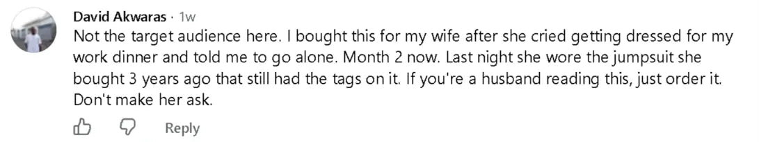 Facebook comment from a husband about his wife's endo belly